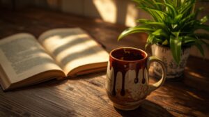 a cozy morning scene a handmade ceramic mug with visible glaze drips sitting on a wooden table, sunlight streaming in, with a book and plant nearby—symbolizing warmth and authenticity.”