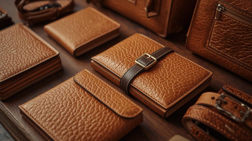a display of camel leather wallets, belts, and handbags, with close up detail showing the unique grain and fine stitching.