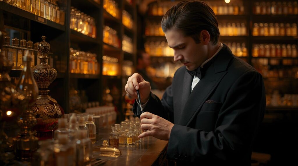 a master perfumer carefully blending oils into small glass bottles, surrounded by shelves of golden hued attar vials.