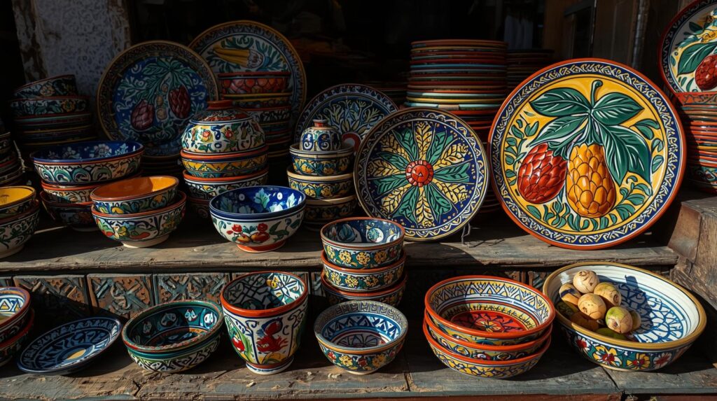 a vibrant display of hand painted ceramic bowls and plates in rich blues