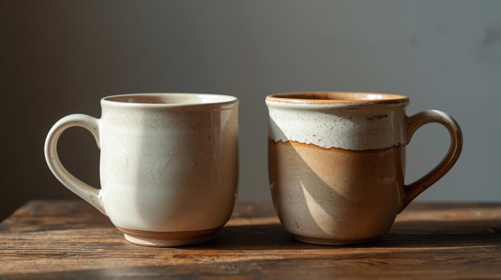“two mugs side by side one factory and one is handmade