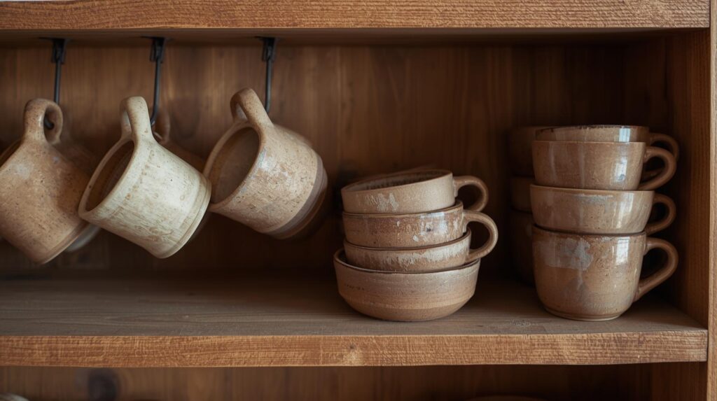 wooden shelf with handmade mugs hanging on hooks,