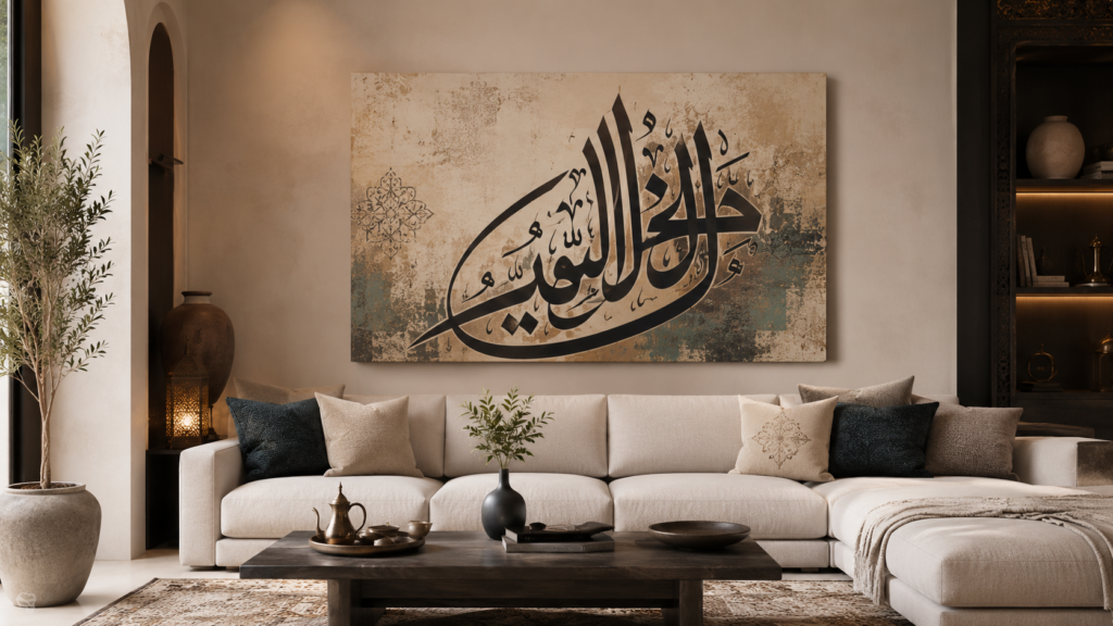 Arabic Calligraphy Wall Art in the UAE: How to Choose Handmade Canvas Art for Modern Homes Arabic calligraphy wall art in a modern UAE living room